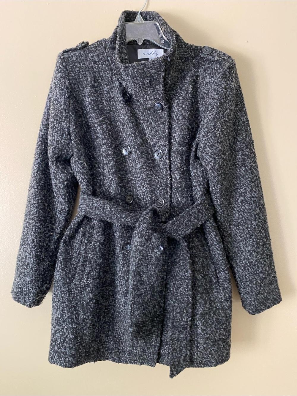 Sebby Dark Gray Textured Double-Breasted Pea Coat with Belt